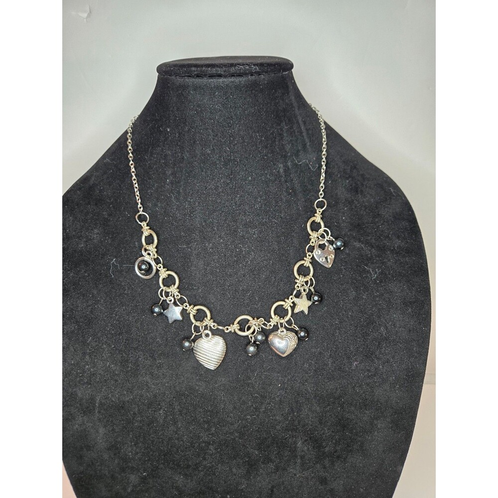 Silver Tone Necklace with Heart Pendants and Black Beads Adjustable Length